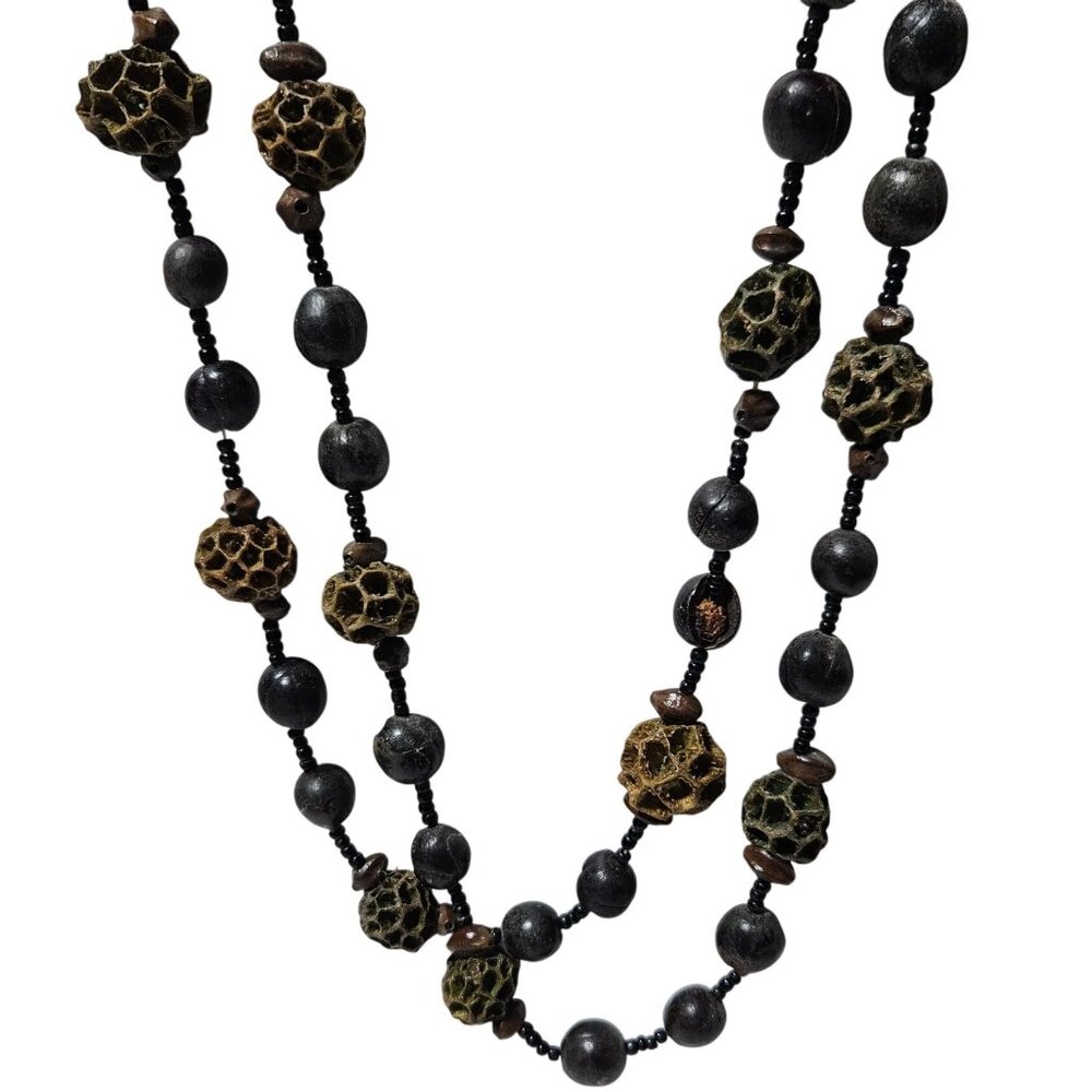Handmade Boho Beaded Necklace Unique Organic Brown Black Beads Fashion Jewelry